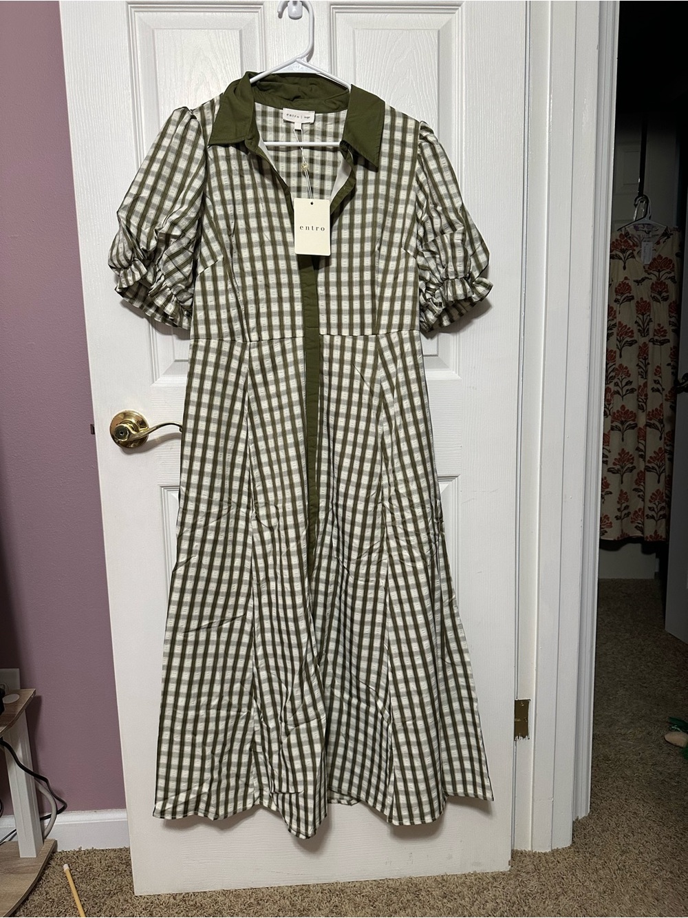 entro Large NWT Olive Green Gingham Midi Dress